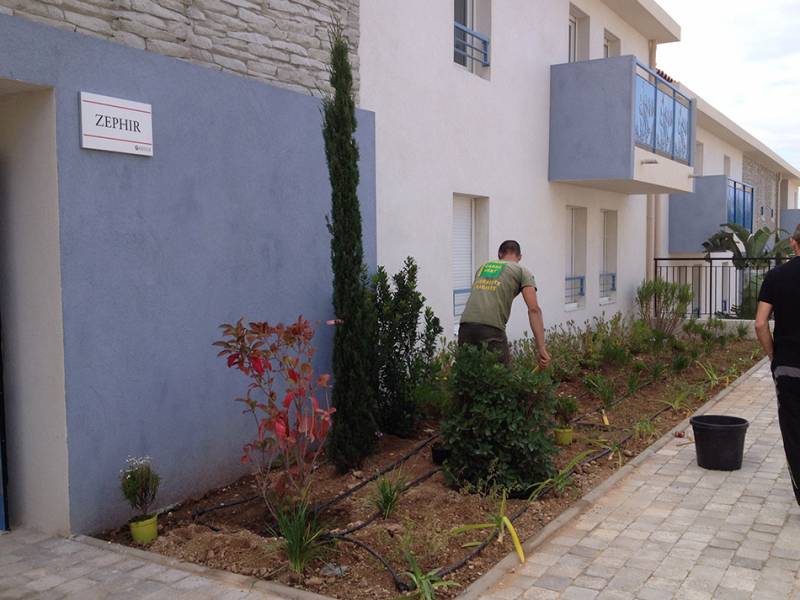 Terrassement paysager Approvisionnement des végétaux (palmiers, Lauriers, Cycas, Agapanthes,…) Installation d’un système d’arrosage automatique Préparation de la terre et plantation des différents végétaux.